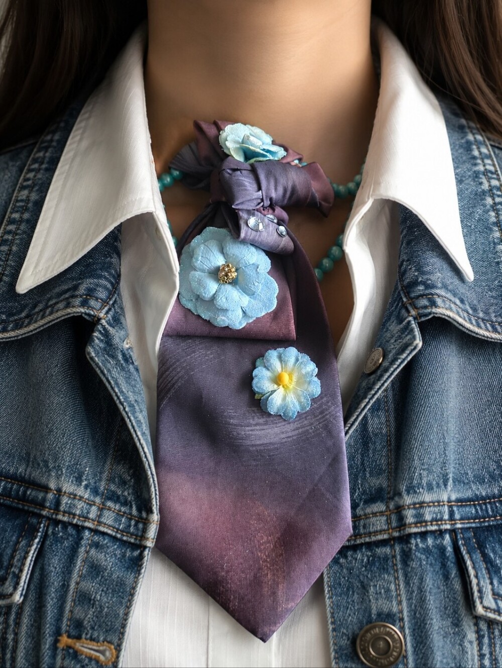 Handcrafted Floral Necktie Necklace- Purple and Turquoise